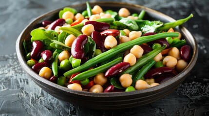 Classic three bean salad with green beans, kidney beans, and chickpeas, dressed in a tangy vinaigrette
