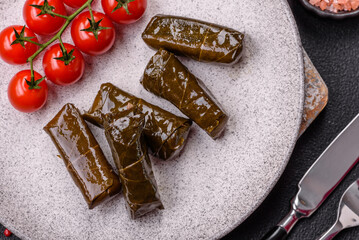 Delicious dolma in the form of rice and meat wrapped in grape leaves