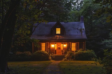 Cozy Winter Home with Soft Glow in Snowy Forest - Ideal for Home Insurance, Winter, and Holiday Themes
