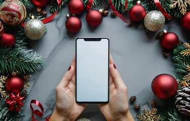 Festive Christmas mobile phone mockup with holiday decorations and ornaments