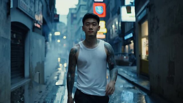 Asian man with tattoos walking on a city street