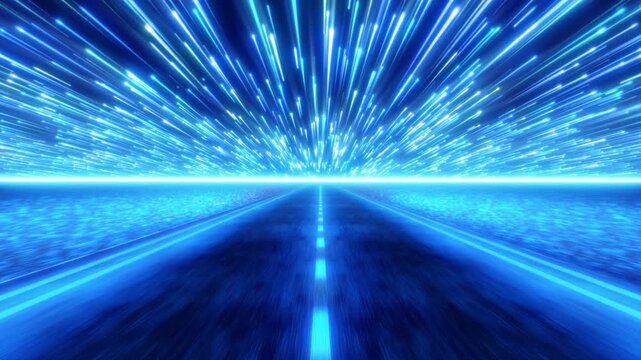Neon endless night highway. Fantastic landscape with meteor shower. Live wallpaper