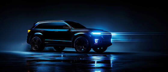 A dark blue SUV vehicle with headlights on is illuminated against the background of darkness captures the sleek lines and design details of the automobile