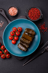 Delicious dolma in the form of rice and meat wrapped in grape leaves