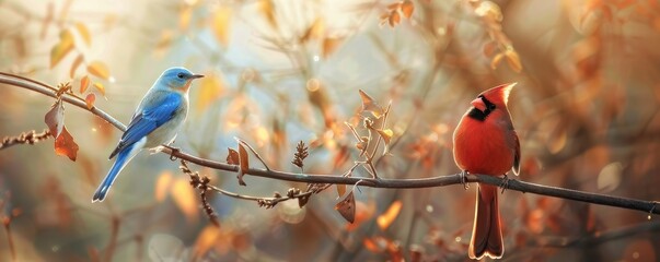 Eastern bluebird and red cardinal perched on a branch on a sunny autumn day
