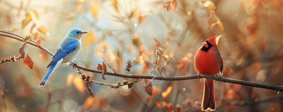 Eastern bluebird and red cardinal perched on a branch on a sunny autumn day - Powered by Adobe