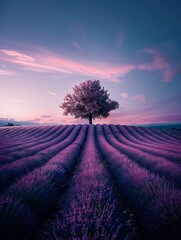Fototapeta premium Lavender Sunset Serenity: A solitary tree stands sentinel over rolling hills of vibrant purple lavender, bathed in the soft glow of a breathtaking sunset. A tranquil scene of natural beauty.