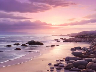 An image of a remote beach at sunset. The sky is overcast, and the beach is wet with scattered rocks and a serene ocean in the background. The light from the setting sun Generative AI