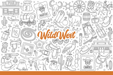 Wild west world with texas cowboys and items for adventures of western heroes. Wanted poster for west world criminals with money and booze or weapons for sheriff. Hand drawn doodle © drawlab19