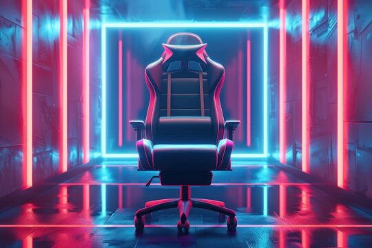 A high-tech gaming chair with a sleek design, set in a futuristic, dark room with neon lights
