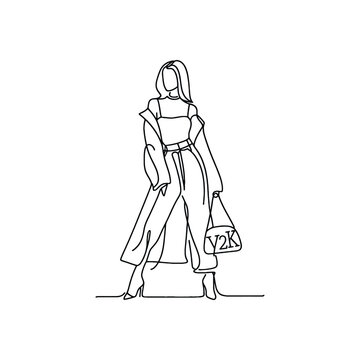 recommend clip art: woman wearing Fashion YK in simple one-line drawing, flat logo, minimalist, less detail, fullbody, high contrast, cutout, vector, bw, isolated white, B-