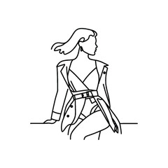 woman wearing Fashion YK in simple one-line drawing, flat logo, minimalist, less detail, high contrast, cutout, vector, bw, isolated white, -