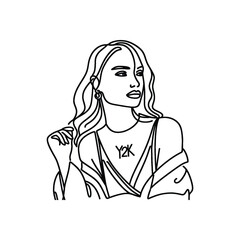 woman wearing Fashion YK in simple one-line drawing, flat logo, minimalist, less detail, portrait, high contrast, cutout, vector, bw, isolated white, -