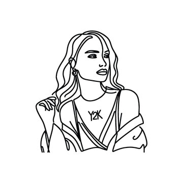recommend clip art: woman wearing Fashion YK in simple one-line drawing, flat logo, minimalist, less detail, portrait, high contrast, cutout, vector, bw, isolated white, -