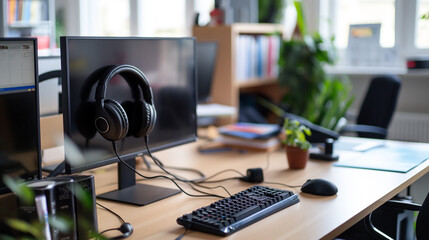 Modern Office Workspace With Computer, Headset, and Green Plants During Daylight Hours