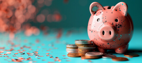 Tirelire rose en forme de cochon entour&eacute;e de pi&egrave;ces de monnaie sur un fond bleu. Les pi&egrave;ces incluent des bitcoins et d'autres devises, dispers&eacute;es autour de la tirelire. economie, epargne