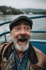 Fototapeta premium an older man is smiling while on a boat