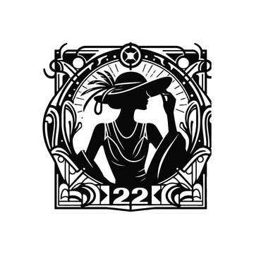 recommend clip art: woman wearing Fashion YK inside art nouveau decoration, flat logo, less detail, portrait, high contrast, cutout, vector, bw, isolated white, -