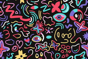 Fototapeta premium Fun shapes children seamless pattern. Flower geometric neon bright color funky groovy 90s cartoon isolated print pattern. Vector illustration on black background