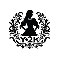 woman wearing Fashion YK inside victorian flourish decoration, flat logo, less detail, high contrast, cutout, vector, bw, isolated white, -