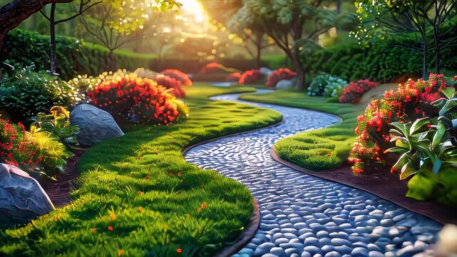 Garden path in the flower garden with sun light