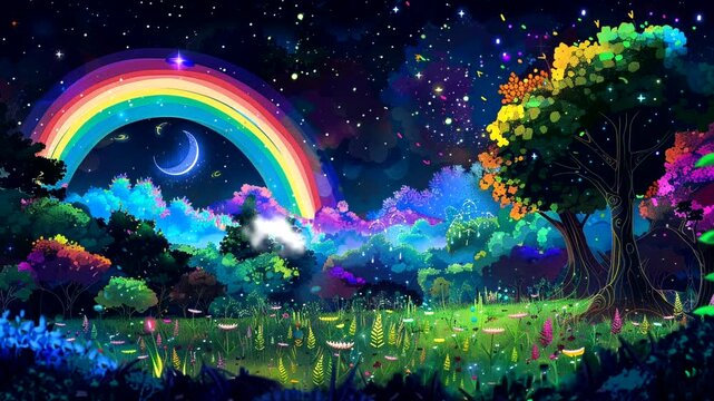 Animation In a beautiful garden, rainbows arch across the sky, and colorful butterflies dance among the blooming flowers, looping 4k time-lapse animation video background 