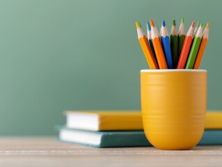 Blackboard background with globe, books and pencils on desk in classroom for education concept.