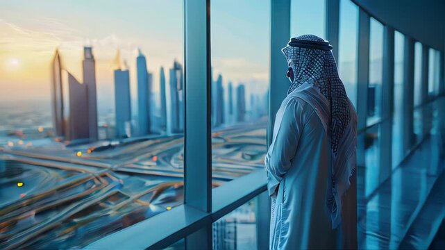 Arab man sheikh businessman looks out the window of a skyscraper at a large modern city with tall buildings skyscrapers