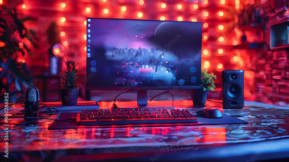 Leinwandbilder microphone and computer keyboard on the table in front of the monitor