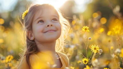 Fototapeta premium Young girl enjoying a sunny day in a field of daisies