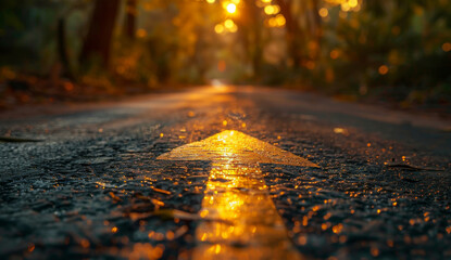 A straight road with an arrow painted on it leading to the horizon, symbolizing goal setting and achievement