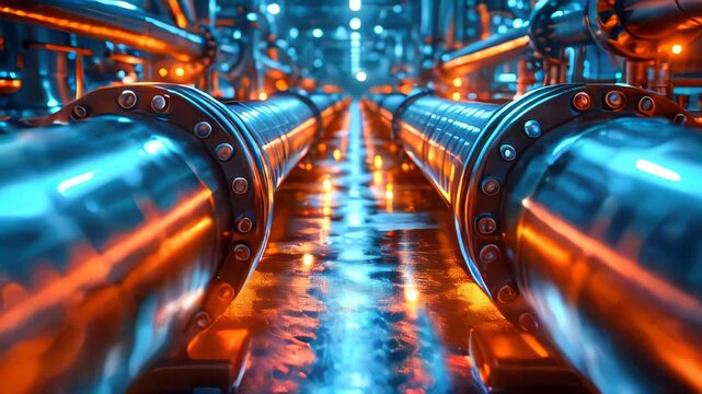 Metal pipe connection flanges in factory, steel pipelines in a factory. Industry background