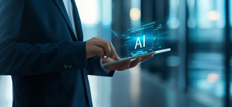Businessman holding a tablet with an AI icon and a digital brain hologram in his hand
