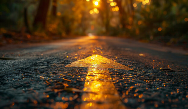A straight road with an arrow painted on it leading to the horizon, symbolizing goal setting and achievement