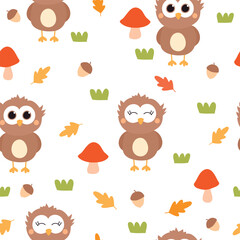 Obraz premium Cute owl. Seamless pattern with owls, mushrooms, acorns and fall leaves. Childish autumn texture. Vector illustration on white background. 