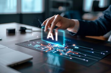 Fototapeta premium Businessman touching a digital icon of artificial intelligence with his hand on a desk