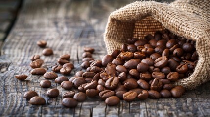 Rustic Burlap Sack with Fresh Coffee Beans Spilling on Weathered Wooden Table - Natural and Raw Aesthetic
