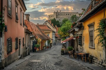 Fototapeta premium Charming Cobblestone Streets in a Historic European City with Inviting Outdoor Cafes and Ancient Buildings