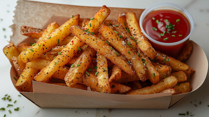 Crispy seasoned french fries served with ketchup in a takeout container. Golden fried potato sticks garnished with herbs and spices. Concept of fast food, snack, and comfort cuisine.