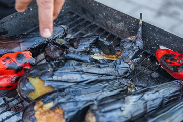 Roasted eggplants on a traditional Turkish barbecue