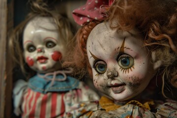 Closeup of old, spooky dolls with worn faces and eerie stares, conjuring a haunted atmosphere
