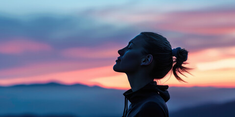 Young woman enjoying sunset in the mountains taking a deep breath