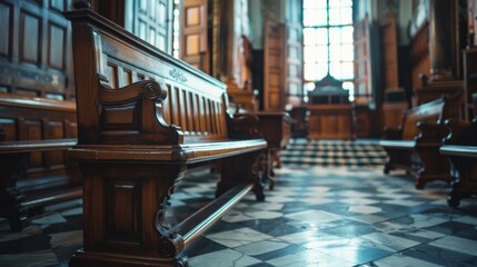 Historic Church Interior with Wooden Pews