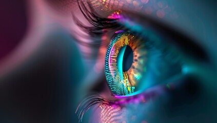 Digital eye with data flowing in and out, symbolizing the integration of AI technology into human vision.