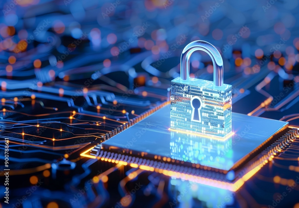 Poster digital padlock on board with blue digital background for security and data protection concept