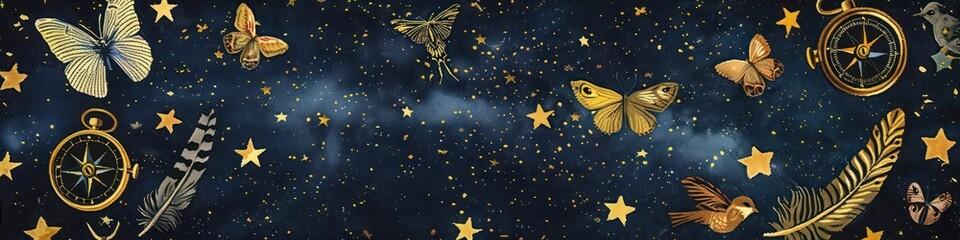 Obraz premium Luxurious panoramic rug design featuring a starry expanse with simple stars, golden butterflies, bird feathers, and a vintage compass for an immersive night sky experience