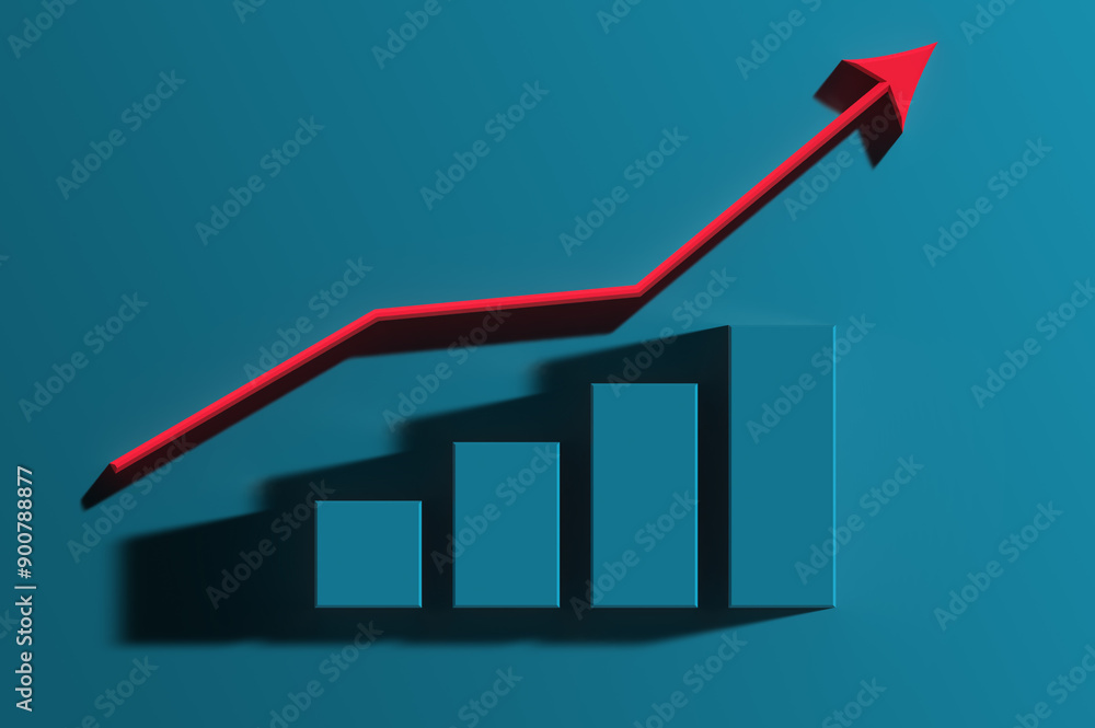 Aufkleber red arrow and columns graph with growing indicators on a blue background, 3d rendering illustration