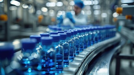 Fototapeta premium Laboratory Worker Placing Bottles of Medical Gel on Production Line Table, Close-Up with Soft Focus and Blue Color Tone