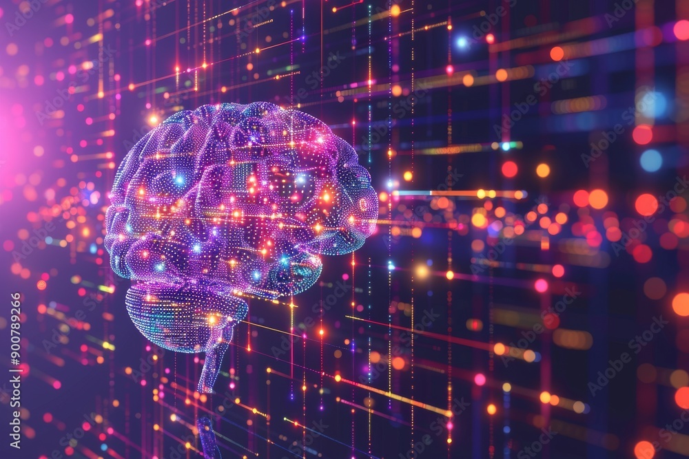 Poster abstract digital brain with glowing purple nodes symbolizing neural networks and data technology