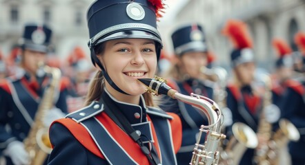 Young Woman Playing Saxophone in Marching Band